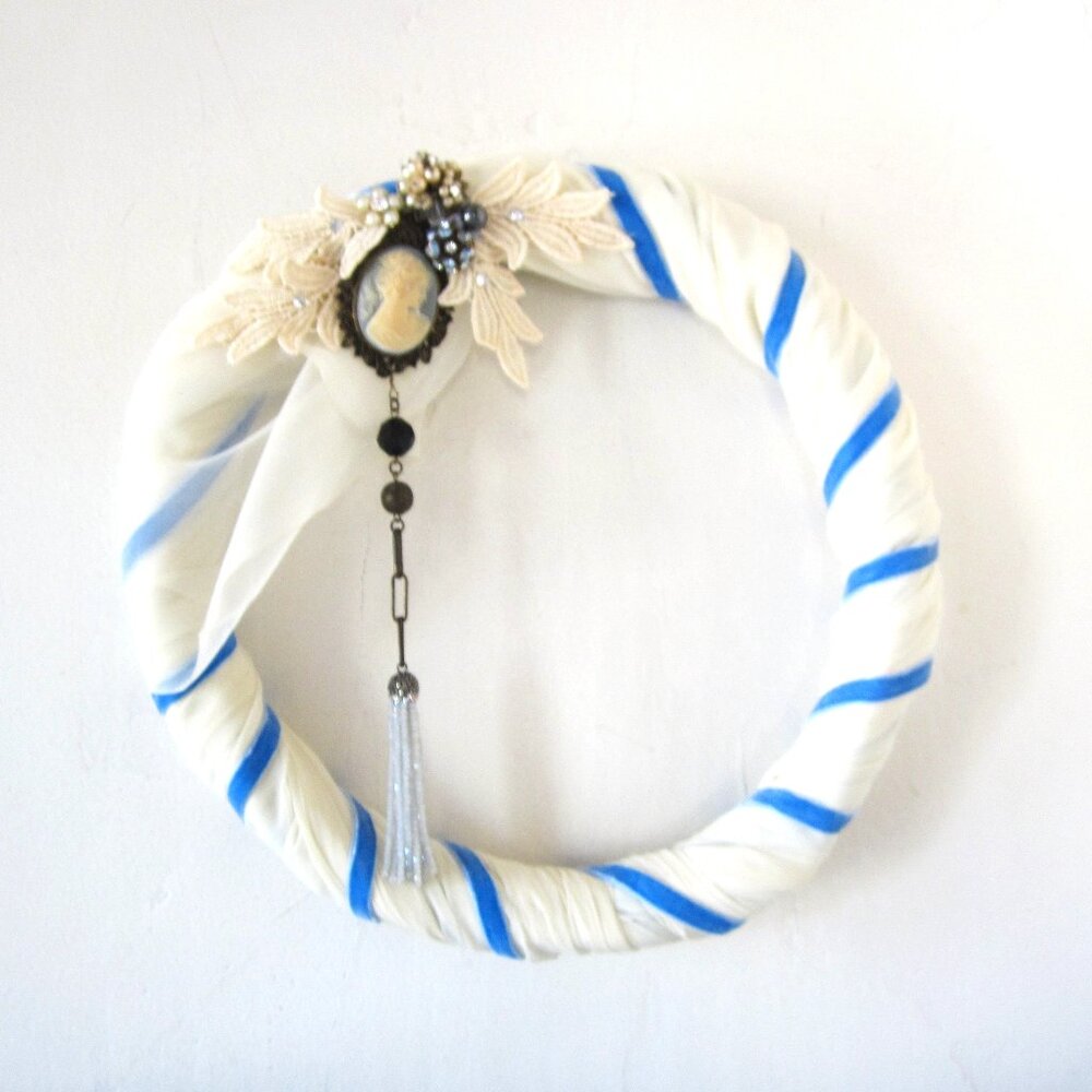 Victorian Style Wreath with cameo ,beaded tassel and blue velvet ribbon